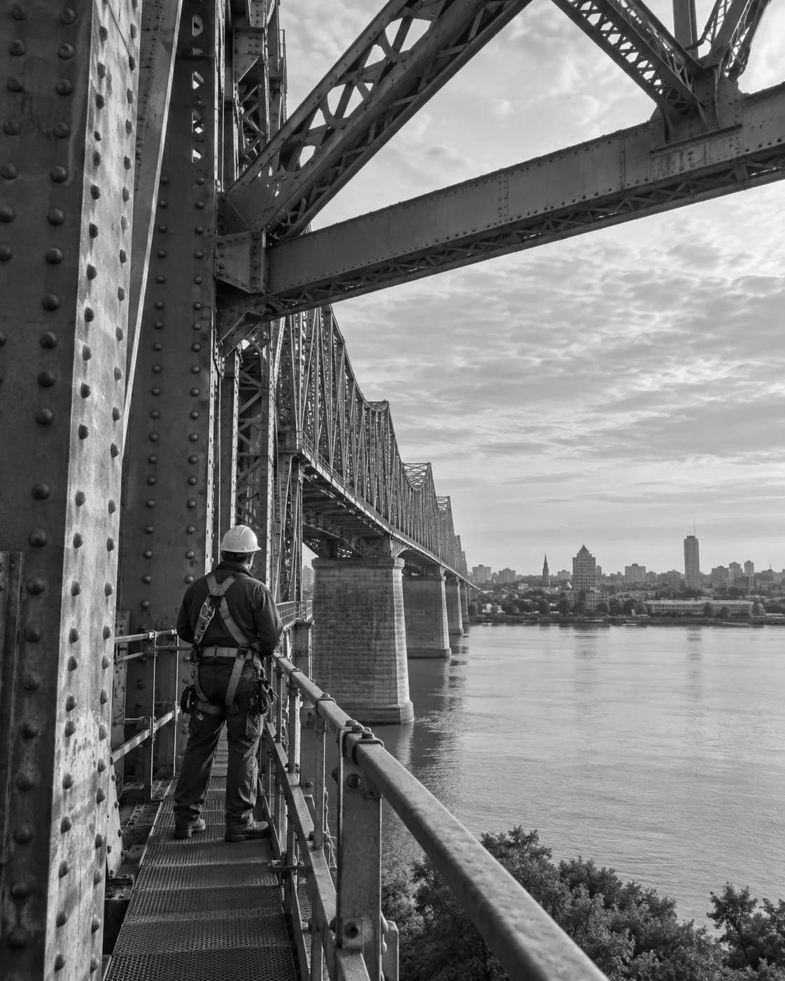 Illustrative image of a bridge maintenance worker among steel girders above a river